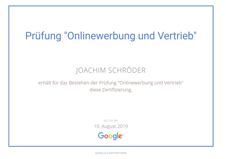 Google Onlinewerbung Vertrieb Zertifikat Joachim Schröder