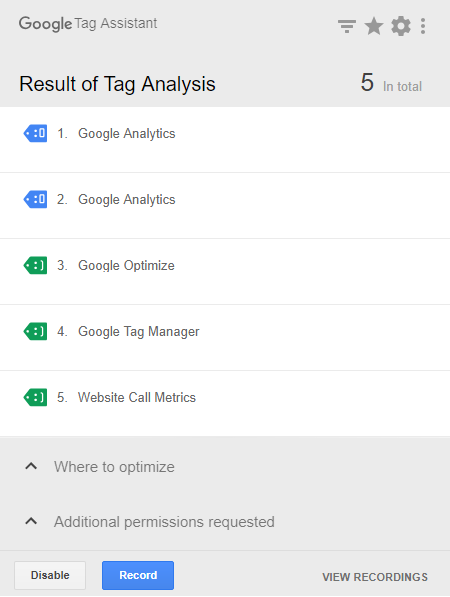 Google Tag Assistant-Oberfläche