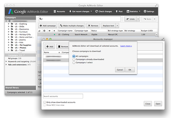 Google AdWords Editor Kontenansicht Google AdWords Editor Kontenansicht
