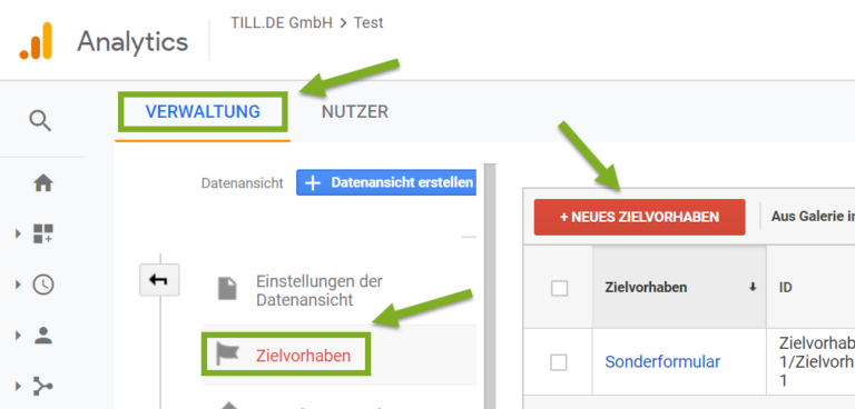 Google Analytics Zielvorhaben Screenshot