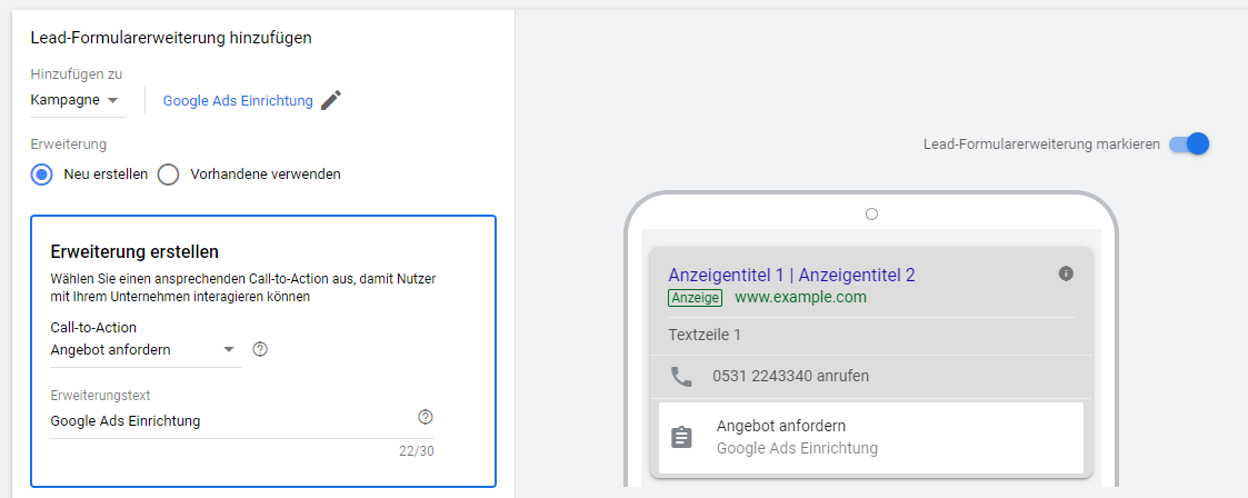 Google Ads Lead-Formularerweiterungen - Erweiterung erstellen