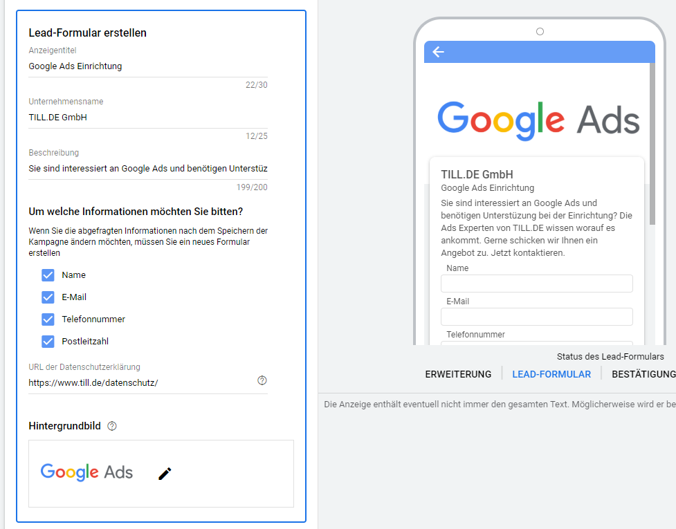 Google Ads Lead-Formularerweiterungen - Lead-Formularerweiterung erstellen