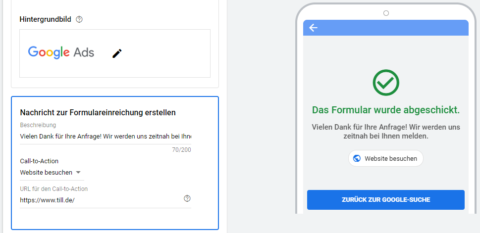 Google Ads Lead-Formularerweiterungen - Nachricht zur Formulareinreichung erstellen