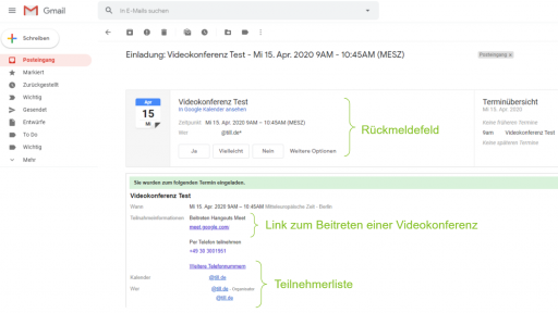 Googe Meet Einladung (wird nach dem Speichern der Organisation versendet).