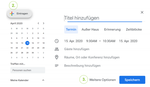 Einen Google Meet Termin organisieren und "Weitere Optionen" aufrufen.