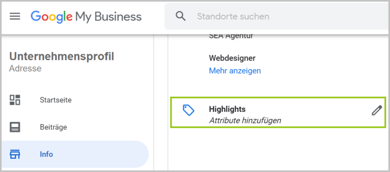 Ansicht Google My Business´Attribute hinzufügen