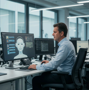 Mann arbeitet am Computer in modernem Büro.