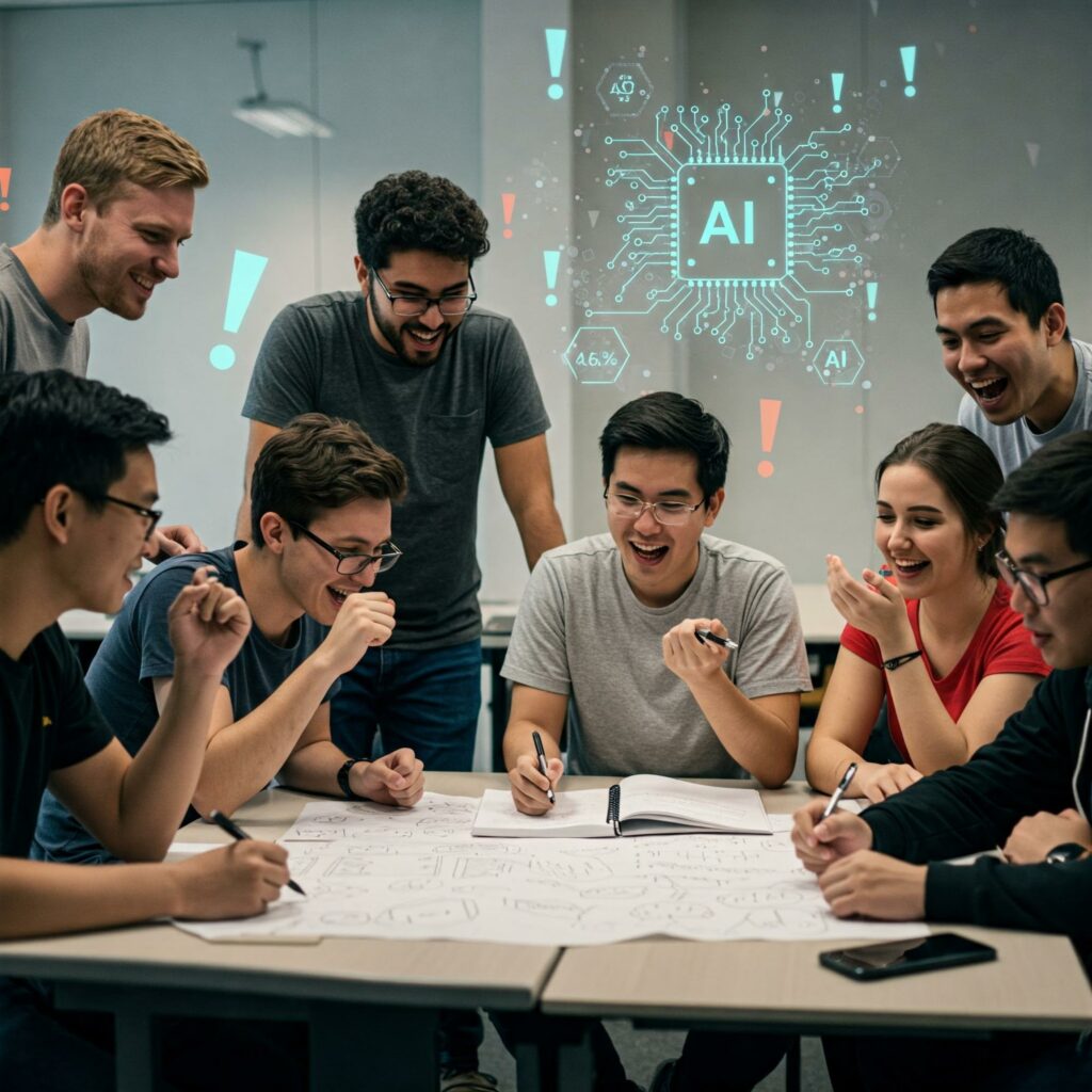 Gruppe diskutiert Projektideen mit AI-Technologie im Hintergrund.