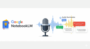 Google NotebookLM Mikrofon und Audiosummarie-Grafik