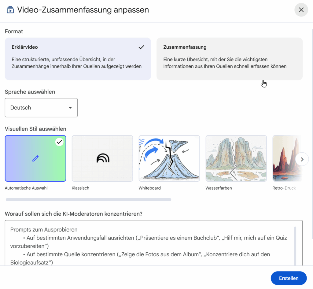Video-Zusammenfassung anpassen: Format, Sprache, Visueller Stil wählen.