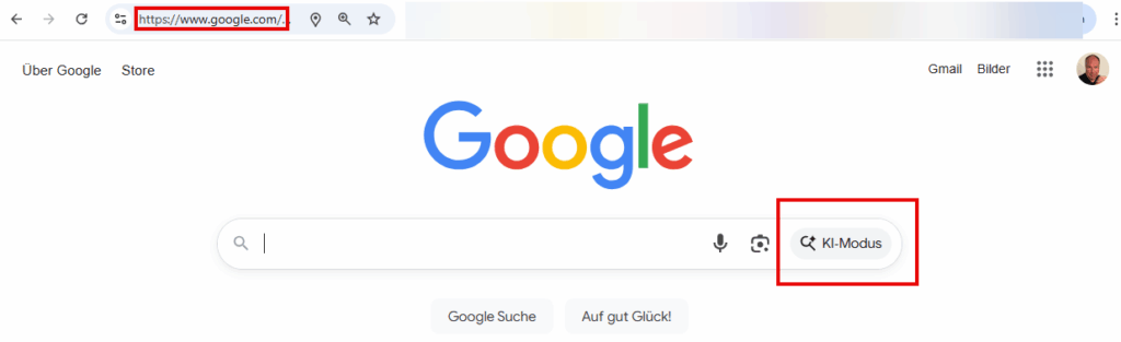 Google-Startseite mit KI-Modus-Schaltfläche.