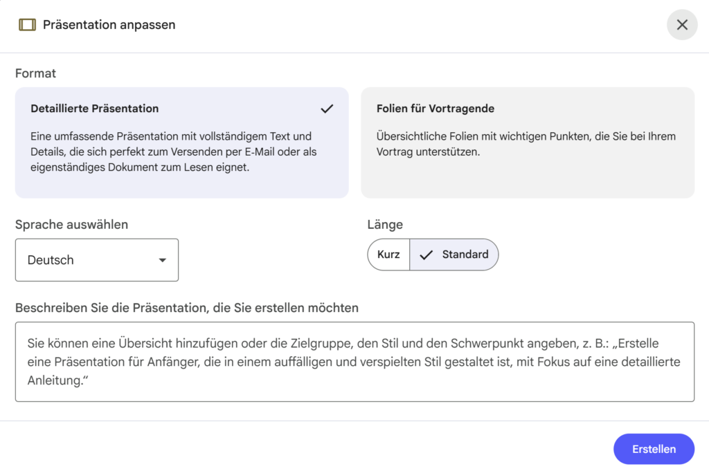 Einstellungen für Präsentationserstellung in deutscher Sprache.