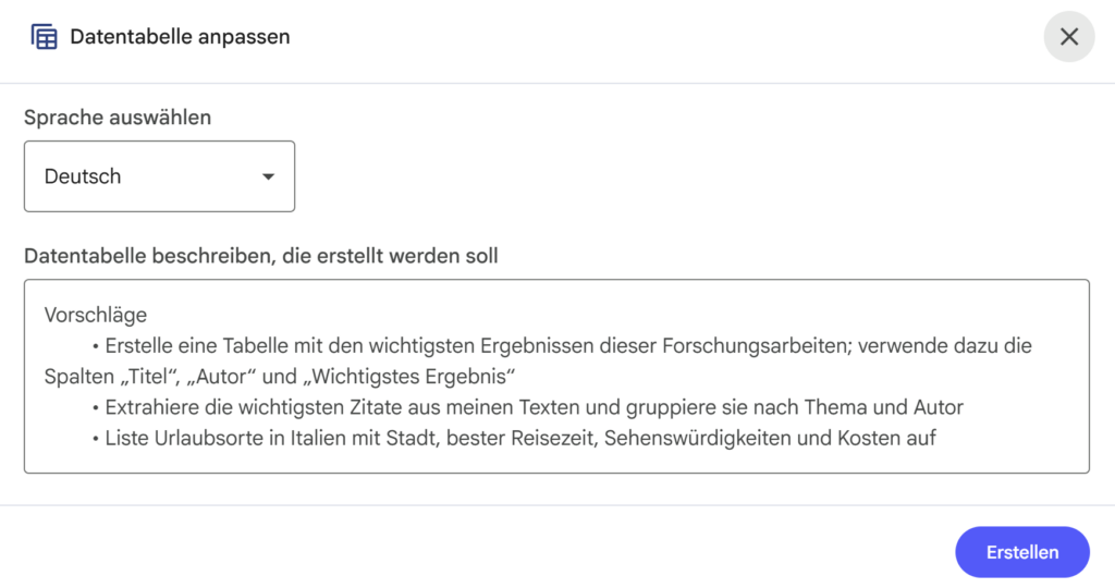 Dialogfenster zur Erstellung einer Datentabelle
