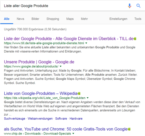 Dieses Bild zeigt unseren Screenshot aus den Google Suchergebnissen zum Suchbegriff "Liste aller Google Produkte"